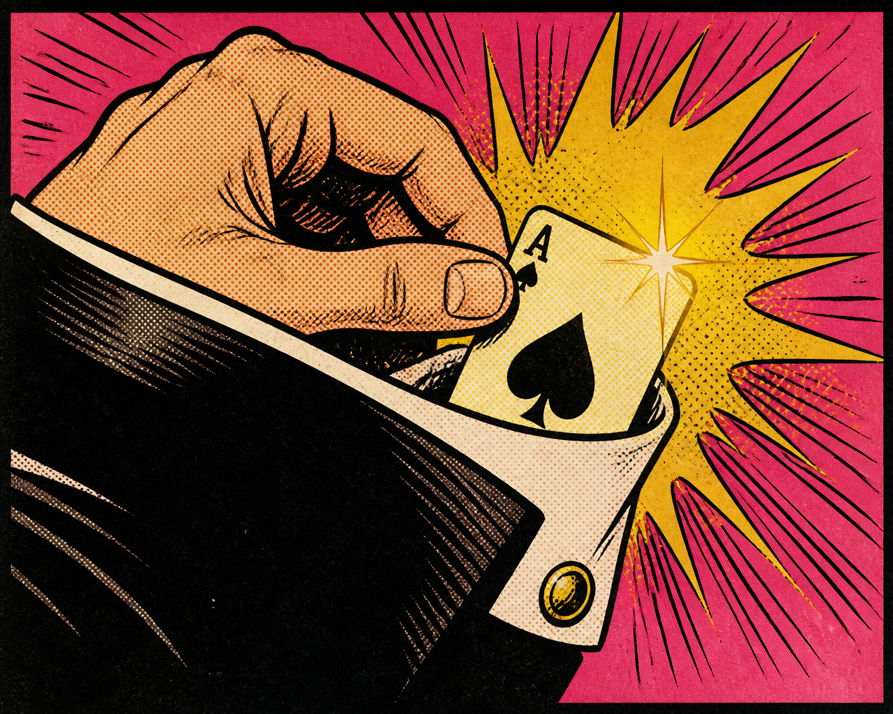 Comic illustration of an ace of spades slipped from a suit sleeve