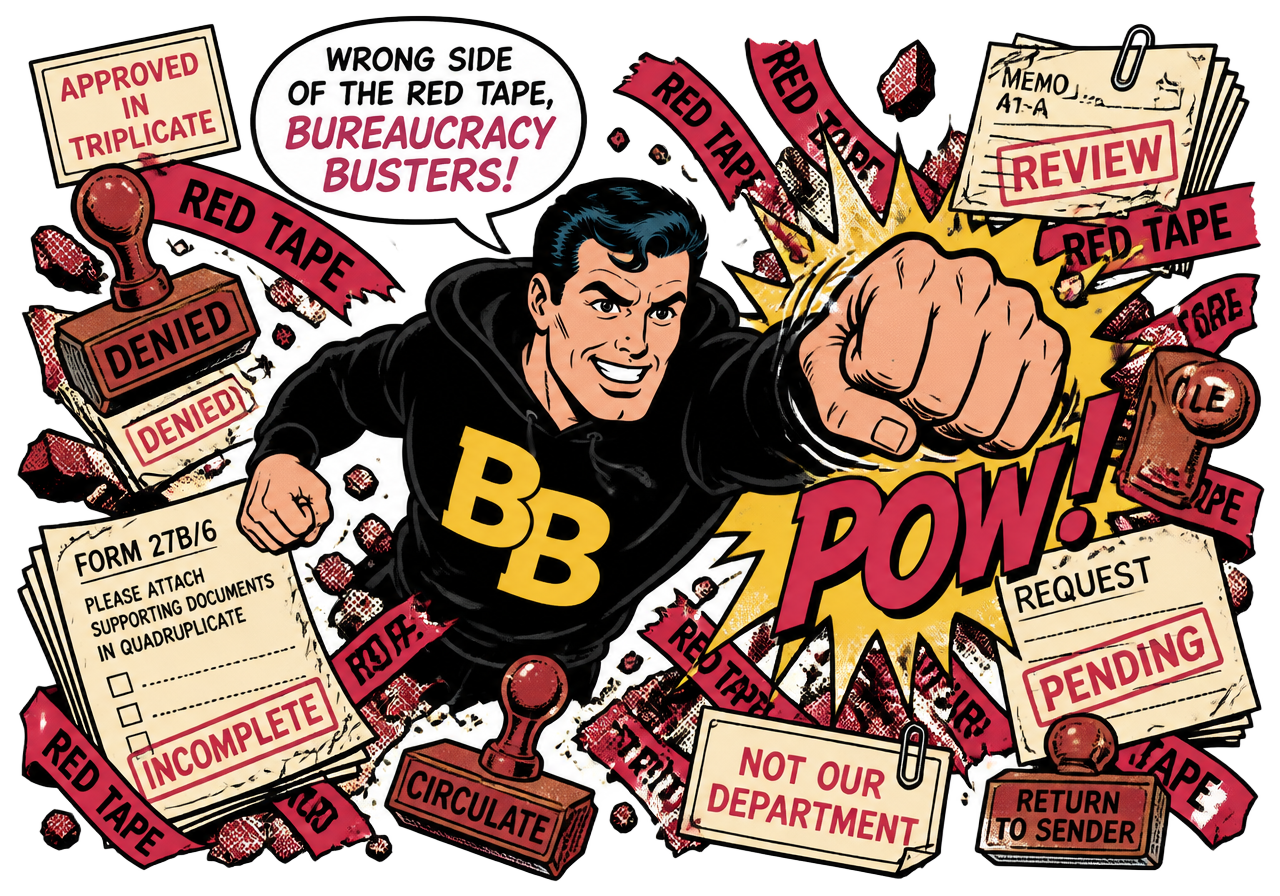 Comic panel: the BetsBros hero punching through red tape and paperwork